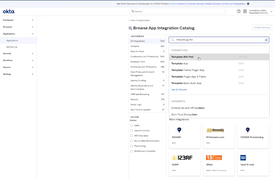 Okta Browse App Integration Catalog
