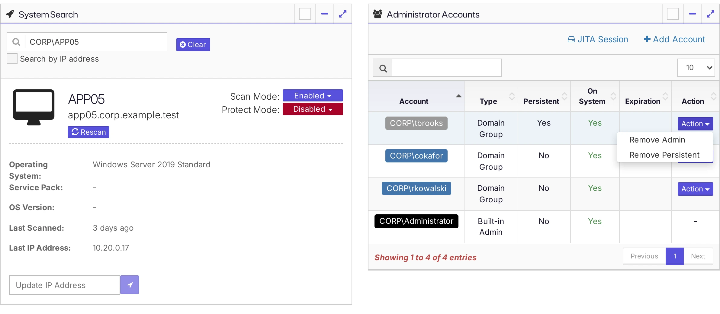 The Action menu of an account, with the options Remove Admin and Remove Persistent