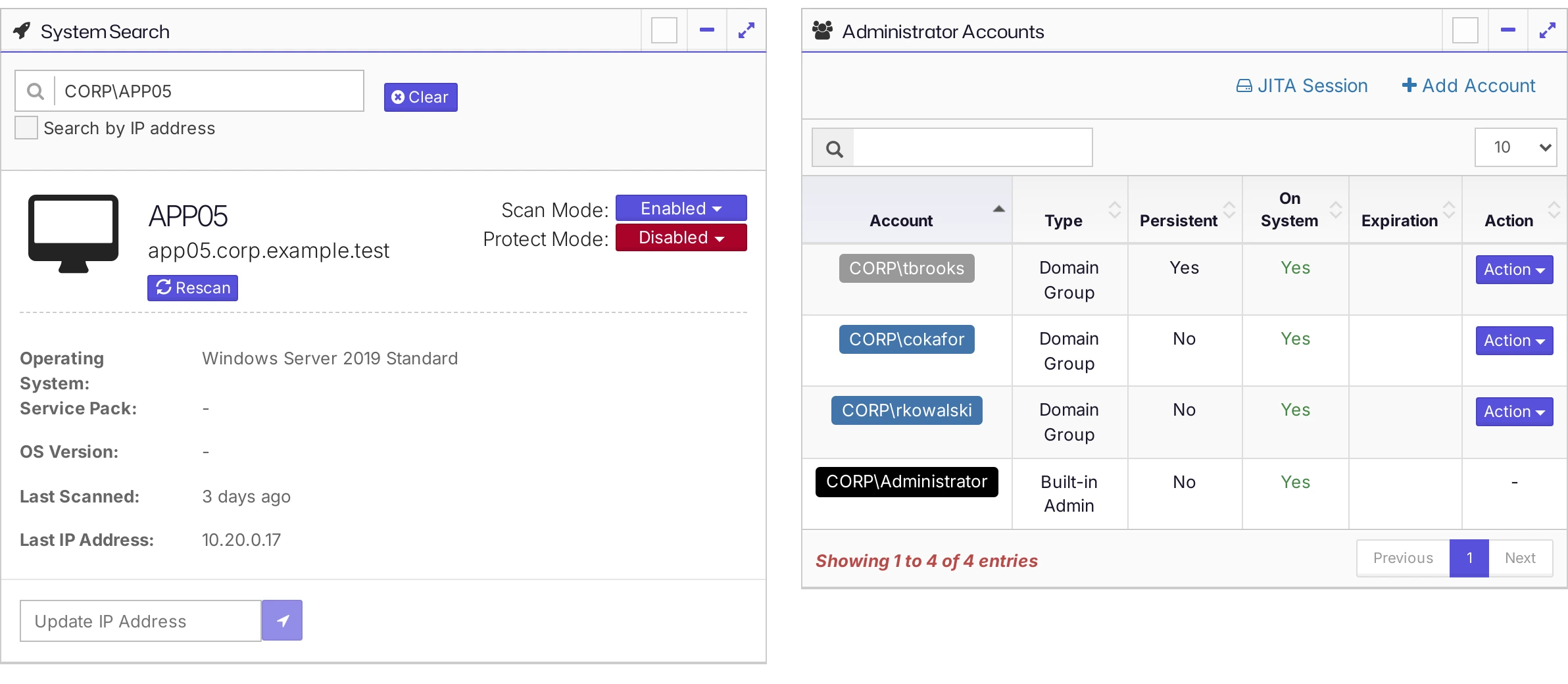 The Grant Access page for a system, with its scan and protect modes and its administrator accounts