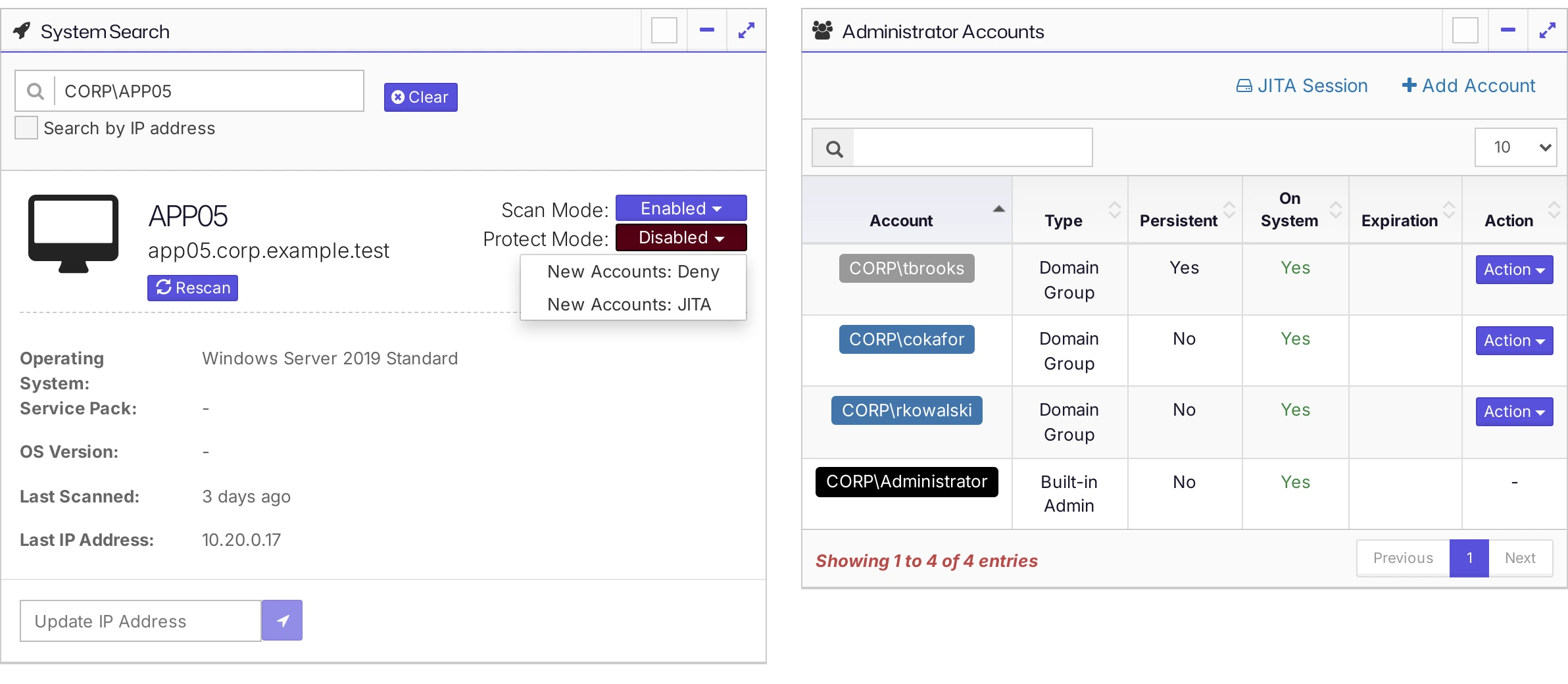 The Protect Mode menu of a system, with the options New Accounts: Deny and New Accounts: JITA