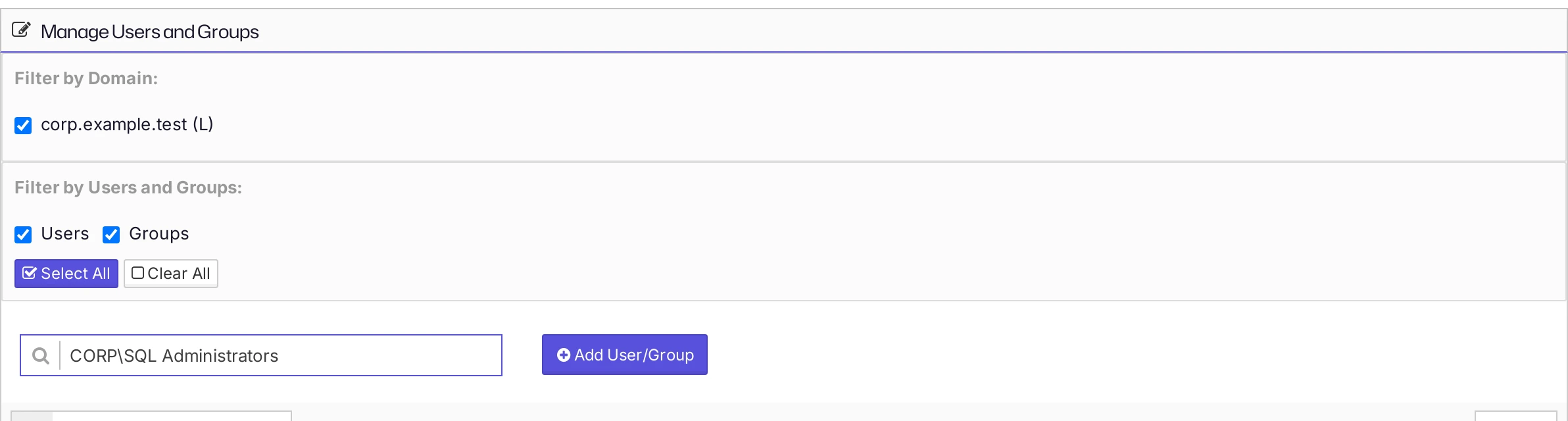 The Users and Groups page with an Active Directory group entered in Add Username or Group