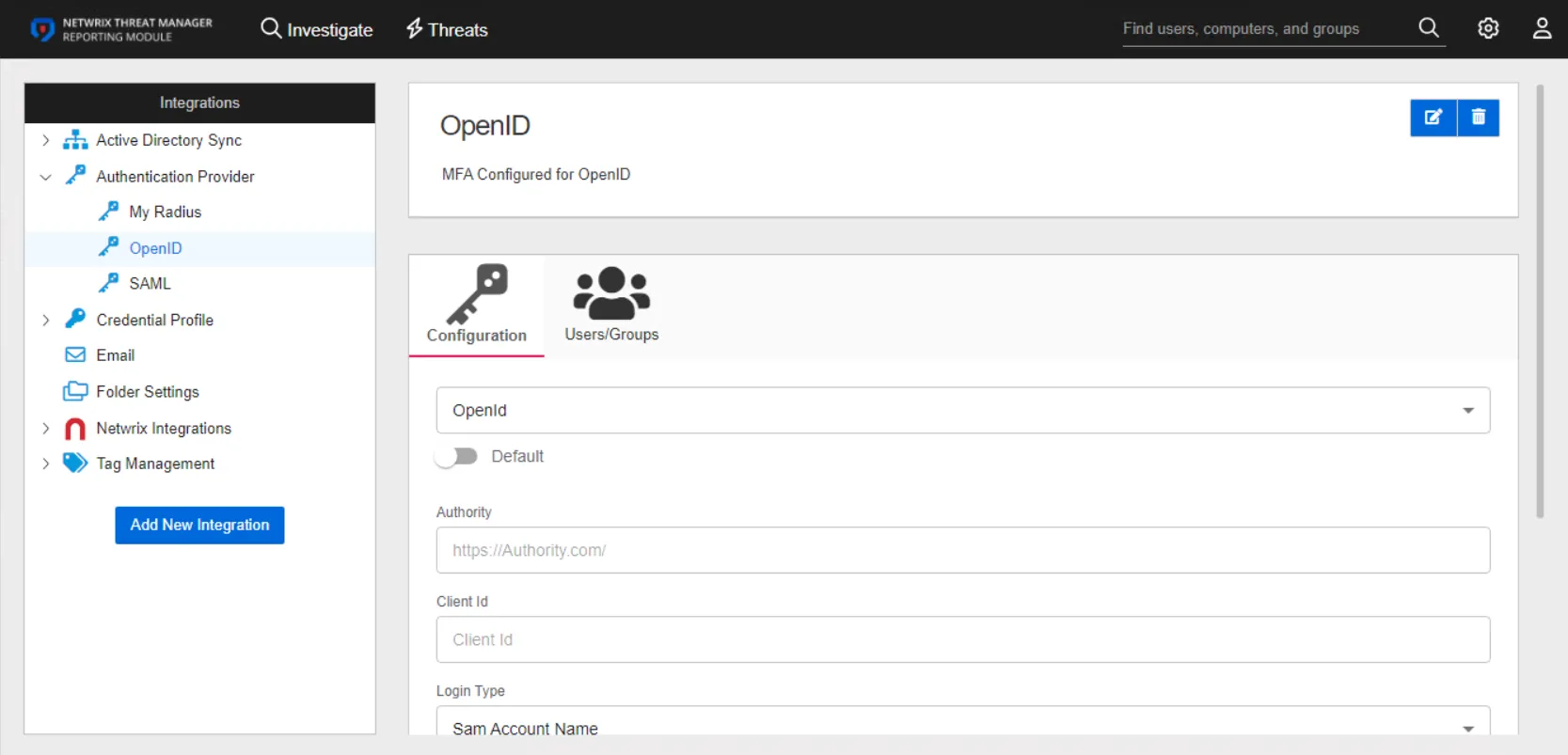 Integrations interface displaying the details for an OpenID authneication provider