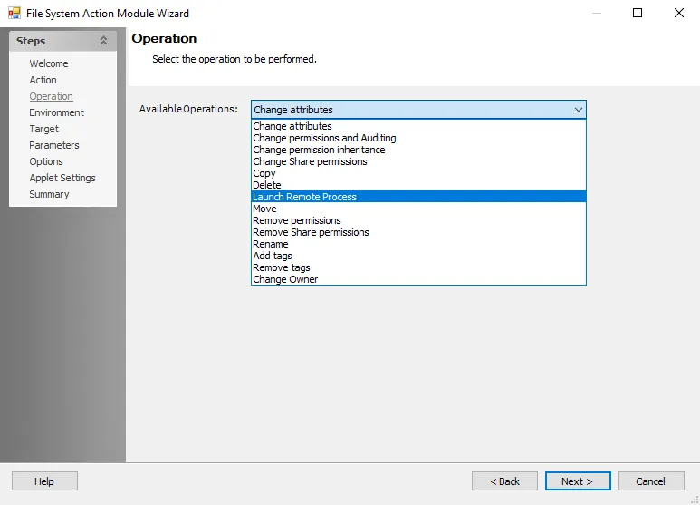 File System Action Module Wizard Operation page
