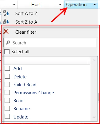 Operations Filter Dropdown Menu