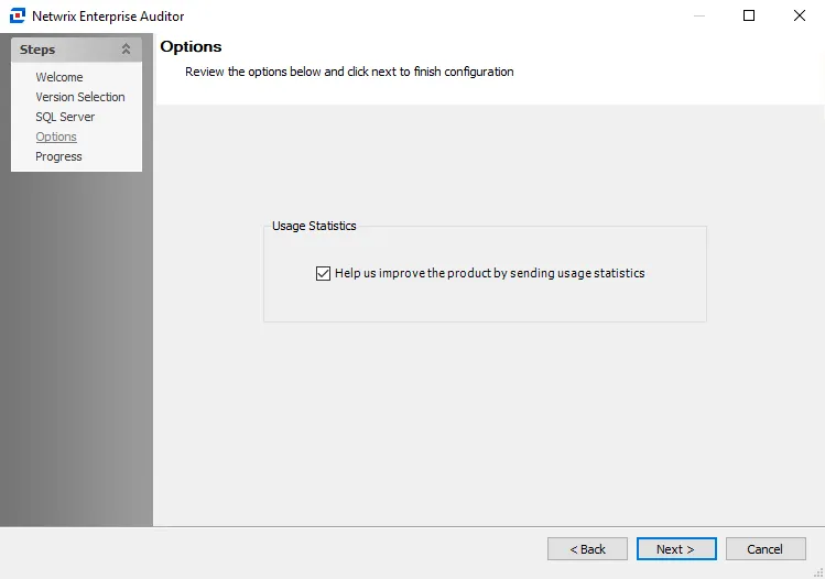 Server Backup Configuration wizard - Options page