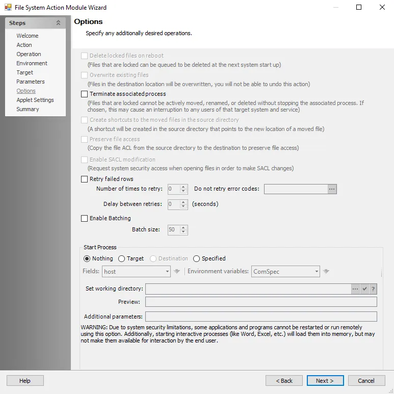 File System Action Module Wizard Options page