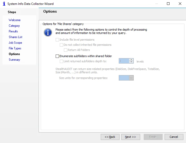 System Info Data Collector Wizard Options page for File Shares category