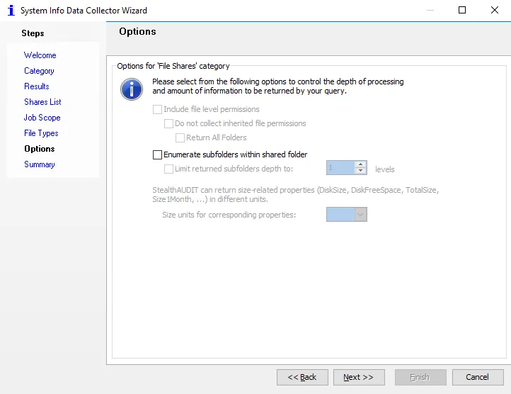 System Info Data Collector Wizard Options page for File Shares category