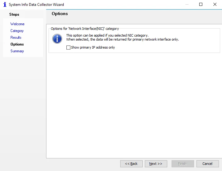 System Info Data Collector Wizard Options page for NIC category