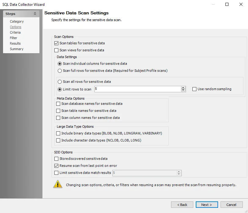 SQL Data Collector Wizard Options page for Sensitive Data
