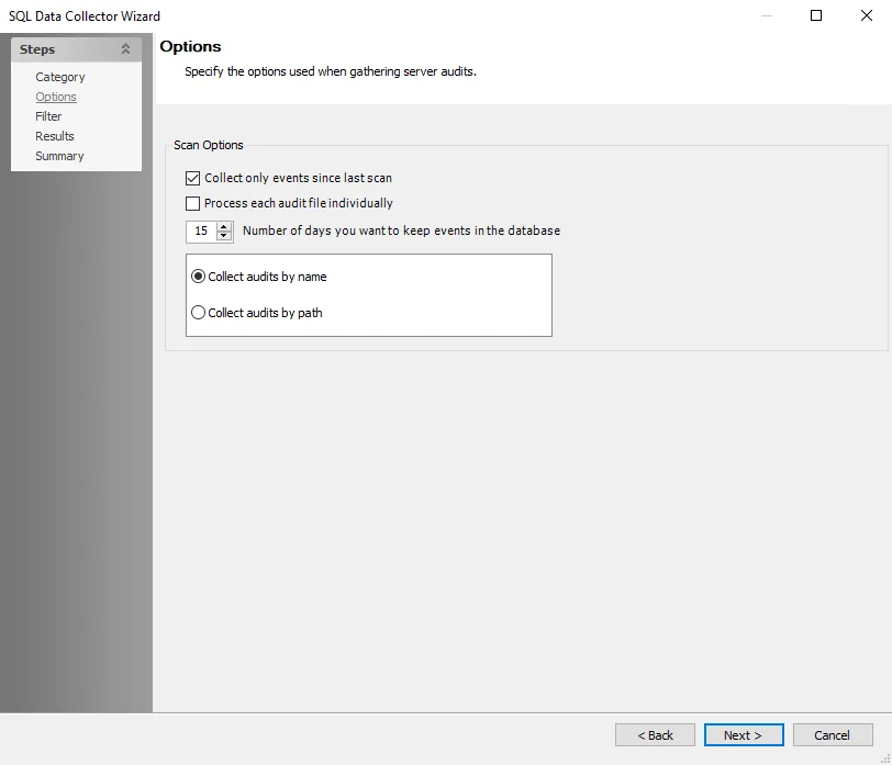 SQL Data Collector Wizard Options page for Server Audit