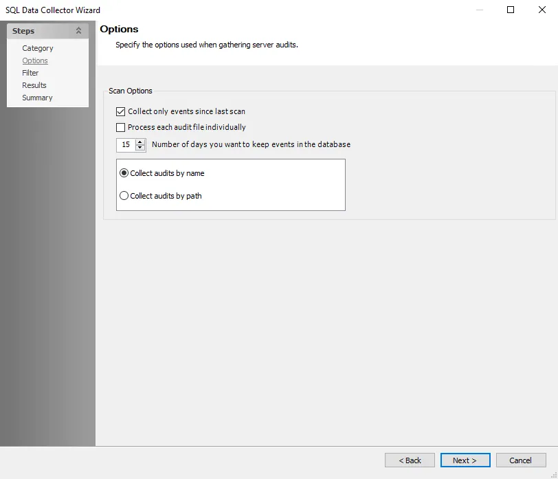 SQL Data Collector Wizard Options page for Server Audit