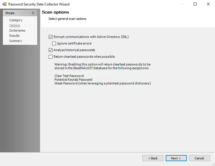 Password Security Data Collection Wizard Scan options page