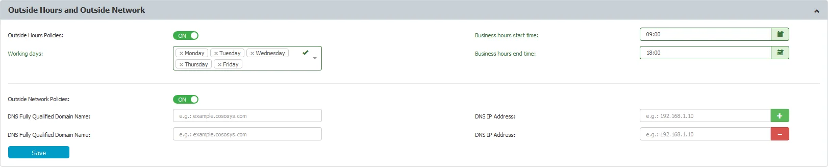 Manage Outside Network and Outside Hours Policies, for both Device Control and Content Aware modules