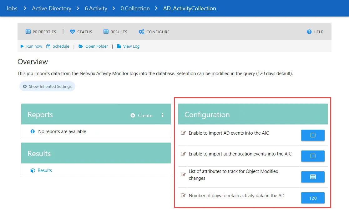 Configuration section on the AD_ActivityCollection job Overview page