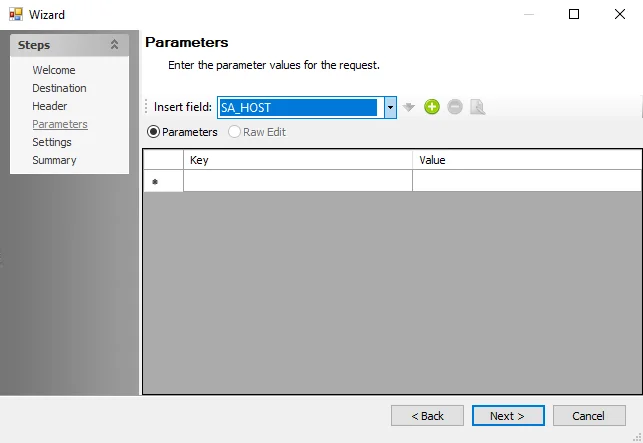 Web Request Action Module Wizard Parameters page