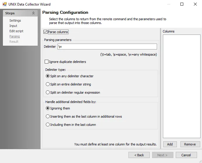 Unix Data Collector Wizard Parsing Configuration page