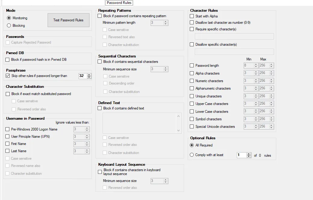 Policy window - Password Rules filter