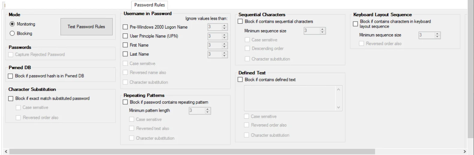 Policy window - Password Rules filter