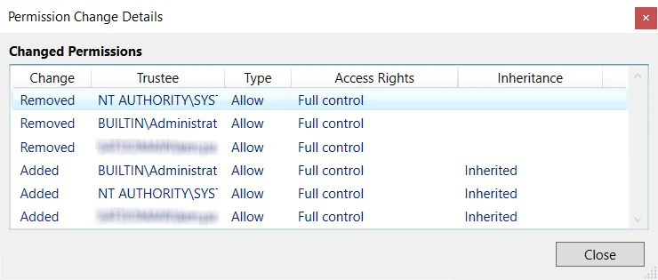 File Search Results Permissions link popup window