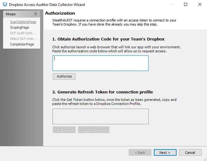 Dropbox Access Auditor Data Collector Wizard Scan Options page