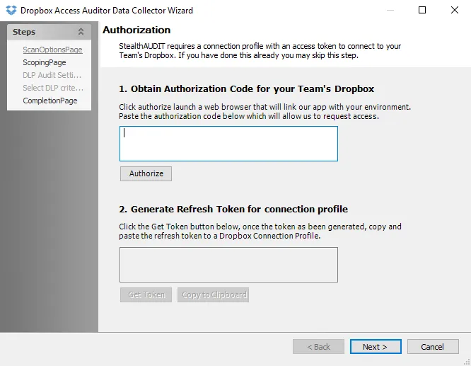 Dropbox Access Auditor Data Collector Wizard Scan Options page
