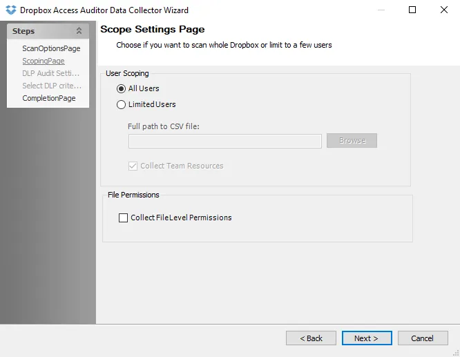 Dropbox Access Auditor Data Collector Wizard Scoping page