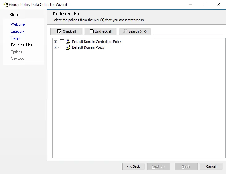 Group Policy Data Collector Wizard Policies List page