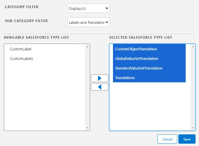 Add selections to the Selected Salesforce Type List