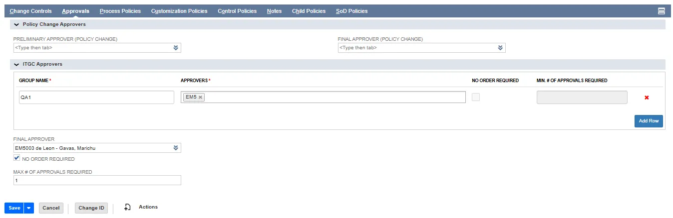 Policy Approvals tab