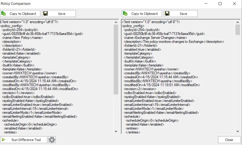 olicy Comparison window 