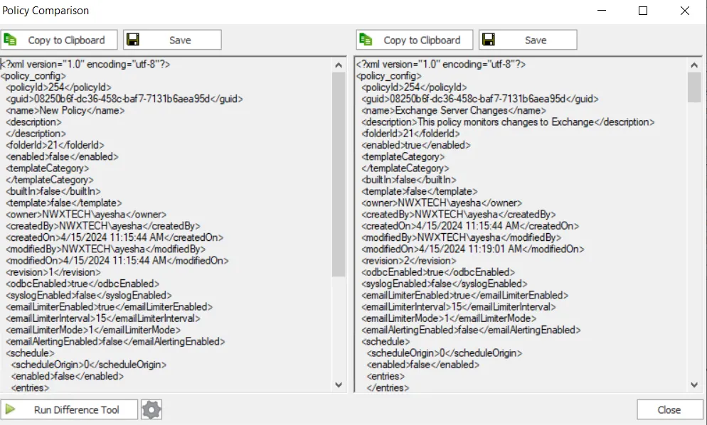 olicy Comparison window 