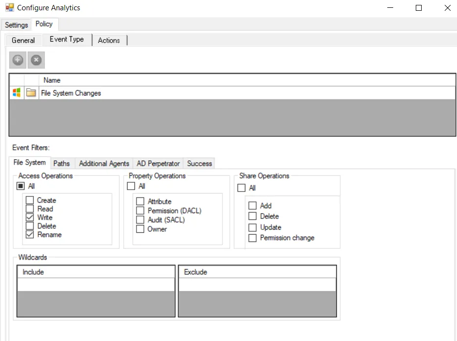 File System Attacks (by User) Analytic Type - Policy tab for Monitoring Only