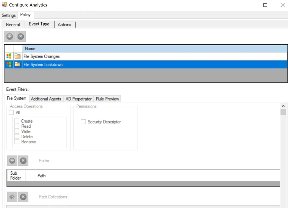 File System Attacks (by User) Analytic Type - Policy tab for Monitoring and Lockdown