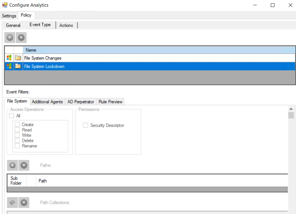 File System Attacks (by User) Analytic Type - Policy tab for Monitoring and Lockdown