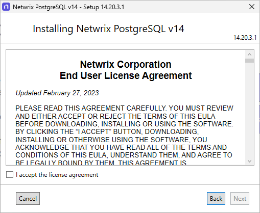 Netwrix PostgreSQL Setup wizard on the EULA page