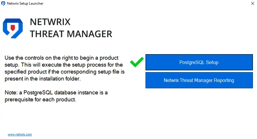 Netwrix Setup Launcher showing PostgreSQL Setup completed