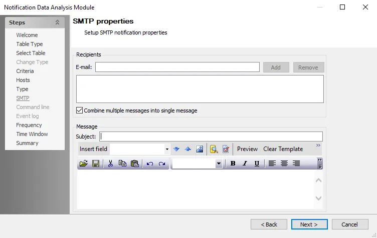 Notification Data Analysis Module wizard SMTP properties page