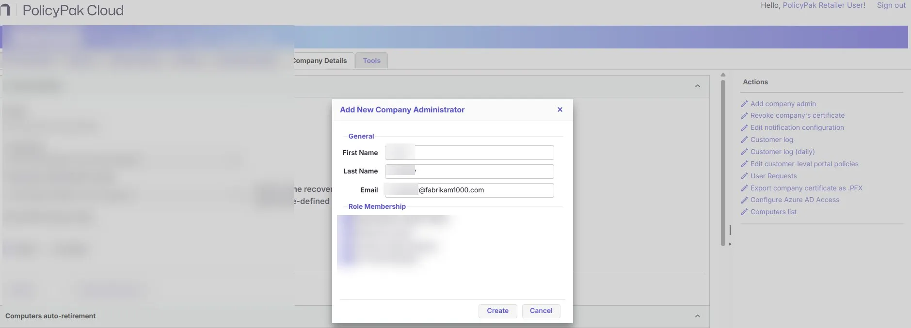 Add New Company Administrator dialog in PolicyPak Cloud