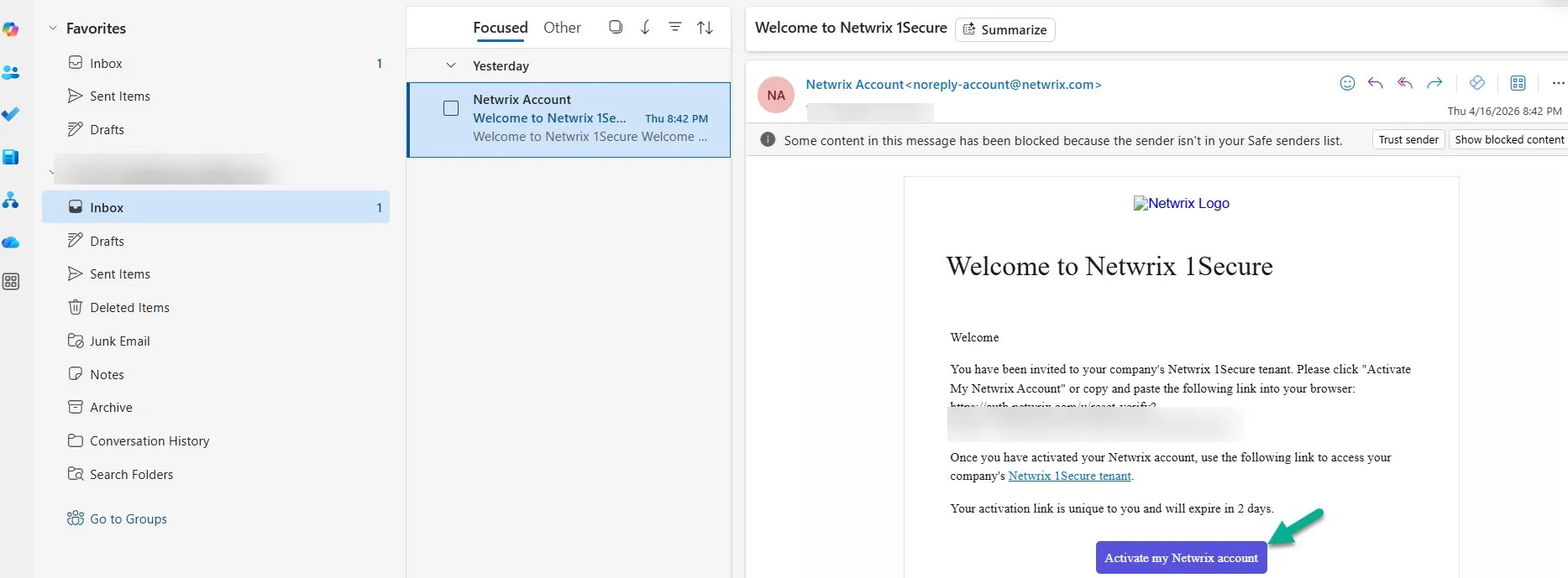 Welcome to Netwrix 1Secure invitation email with activation button