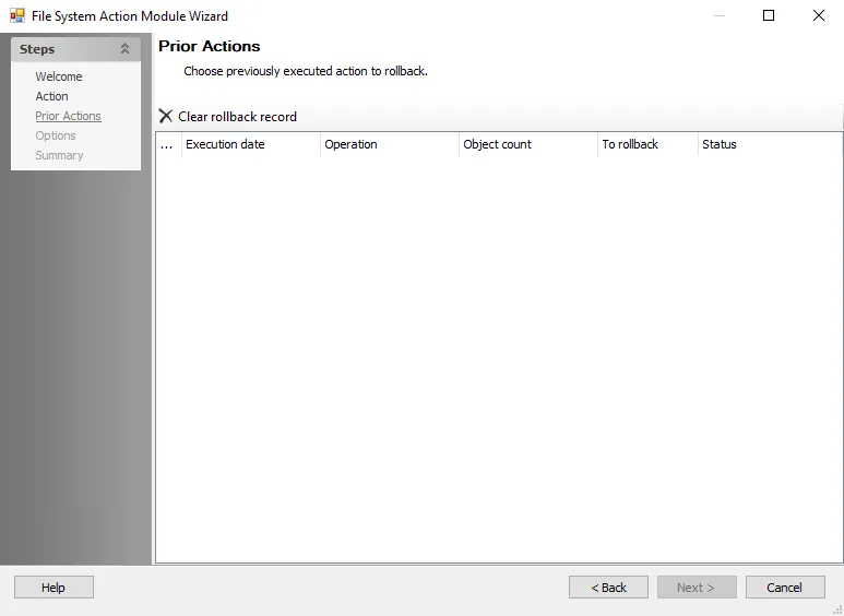 File System Action Module Wizard Prior Actions page