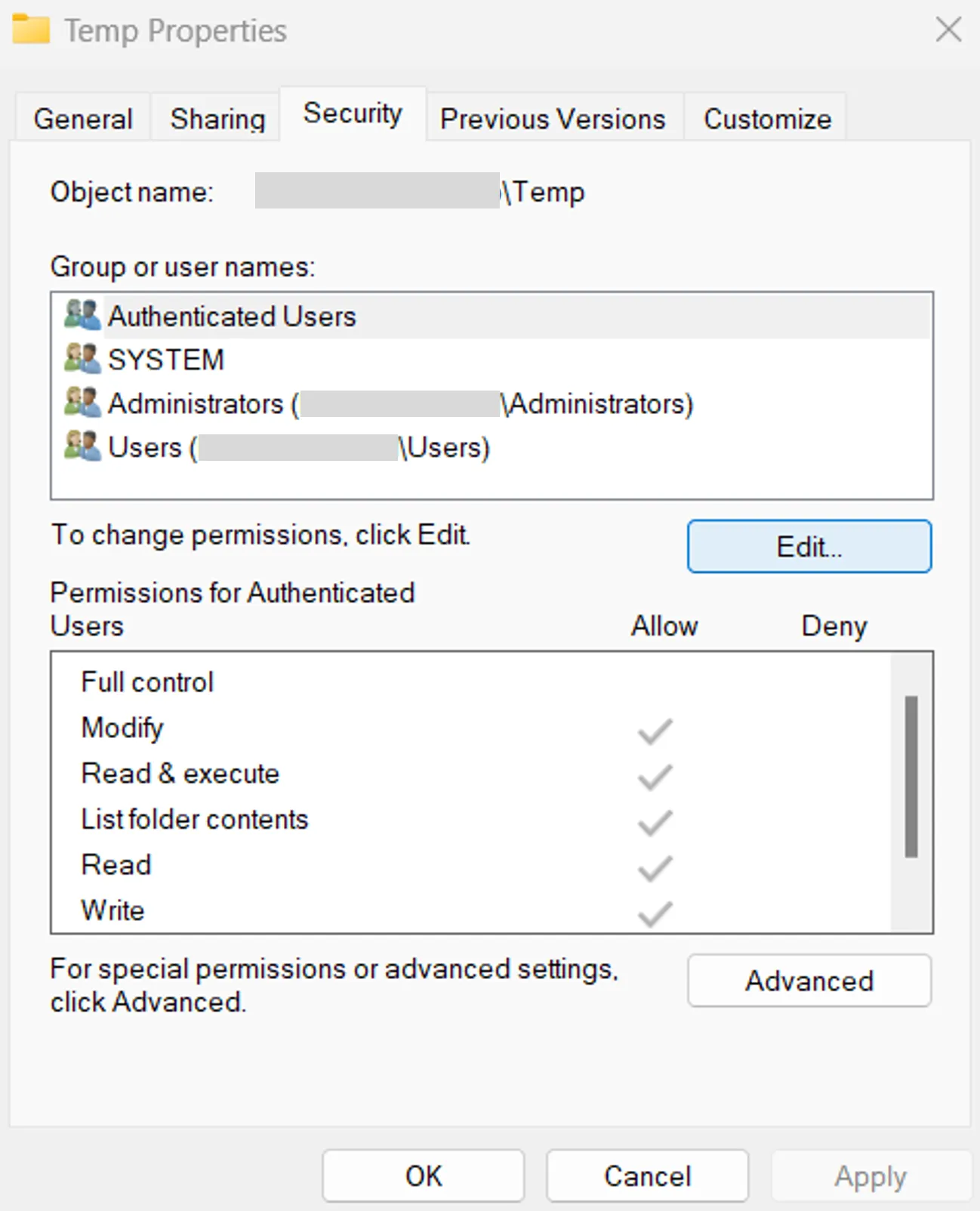 Temp Folder Properties: Step 1