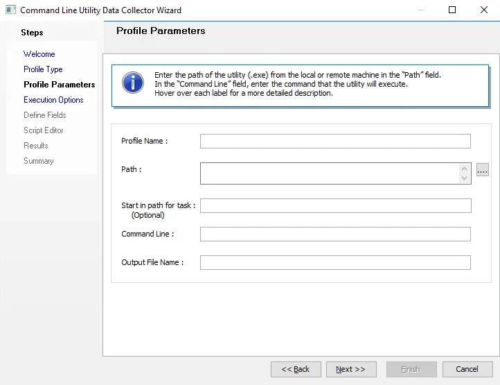 Command Line Utility Data Collector Wizard Profile Parameters page