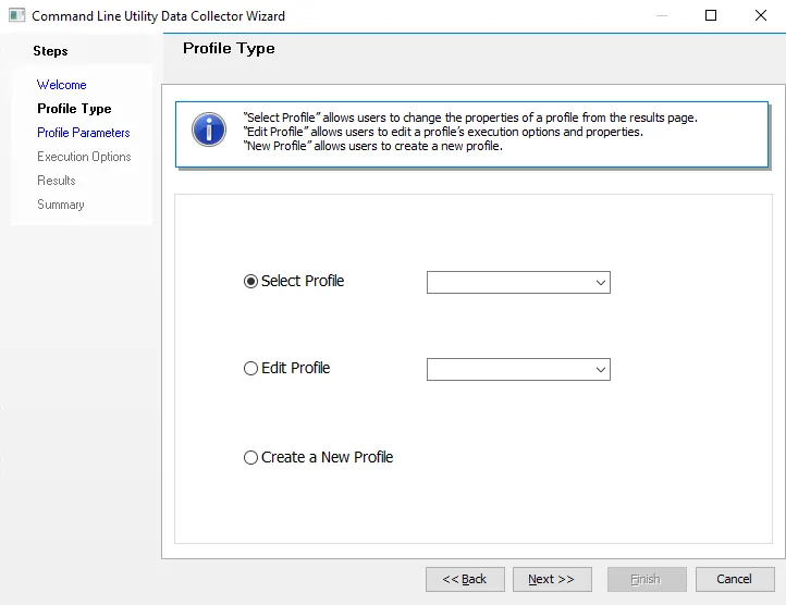 Command Line Utility Data Collector Wizard Profile Type page