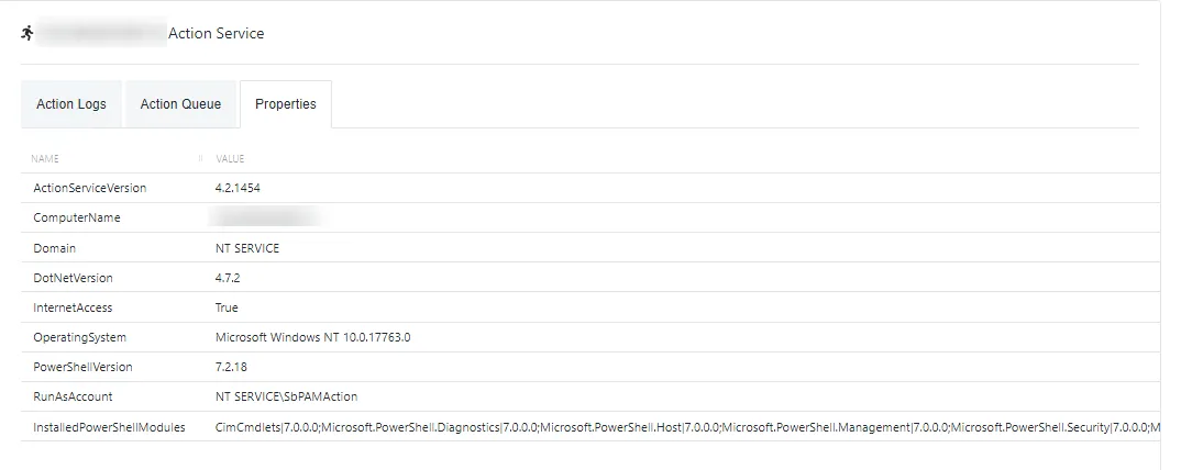 Action Service Properties Tab