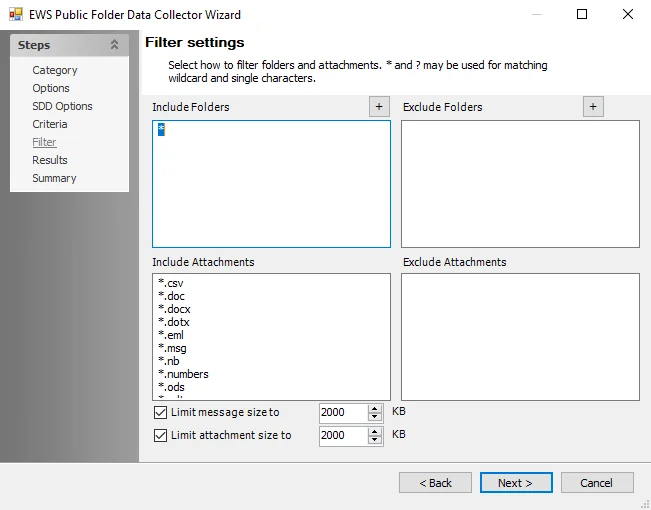 EWS Public Folder Data Collector Wizard Filter Settings page