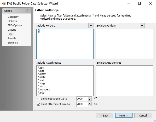 EWS Public Folder Data Collector Wizard Filter Settings page