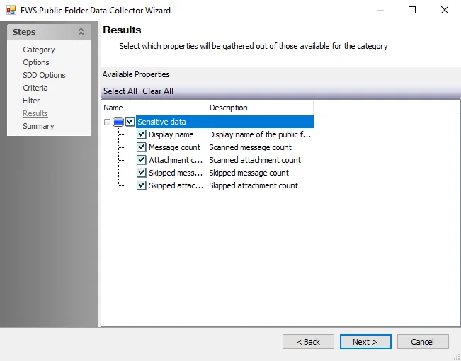 EWS Public Folder Data Collector Wizard Results page