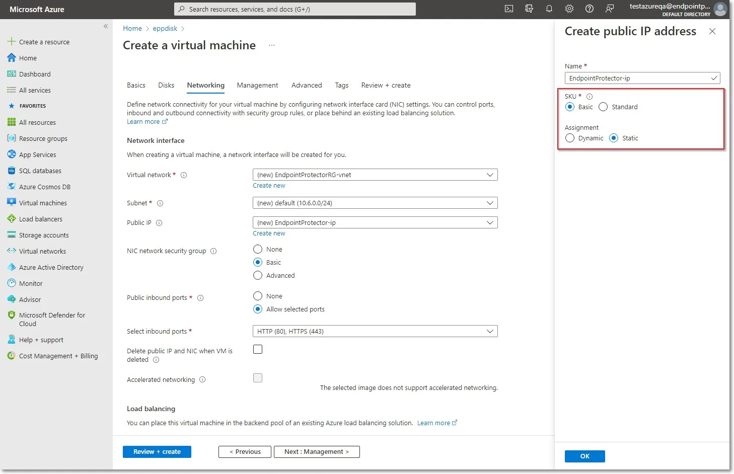 Information tab for creating a public IP
