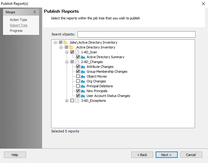Publish Reports wizard Report Tree page